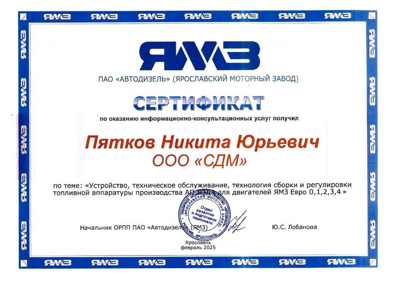 Сертификат ЯМЗ Пятков Никита Февраль 2025